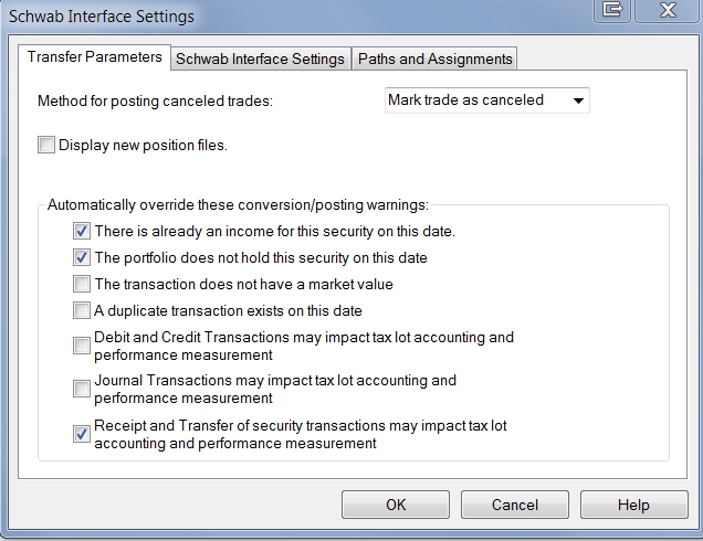 Schwab Interface Settings: Transfer Parameters